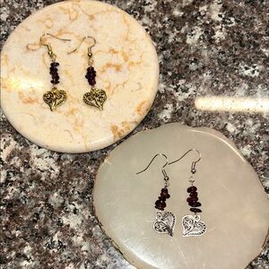 Genuine garnet Heart Drop Earrings Set - Gold and Silver